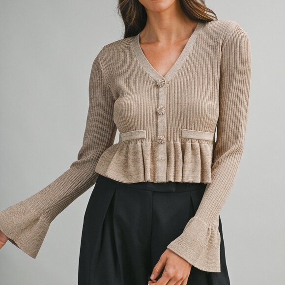 Mocha Gold Shimmer Lurex Knit Top With Rhinestone Gold Tone Buttons - Picture 3 of 10